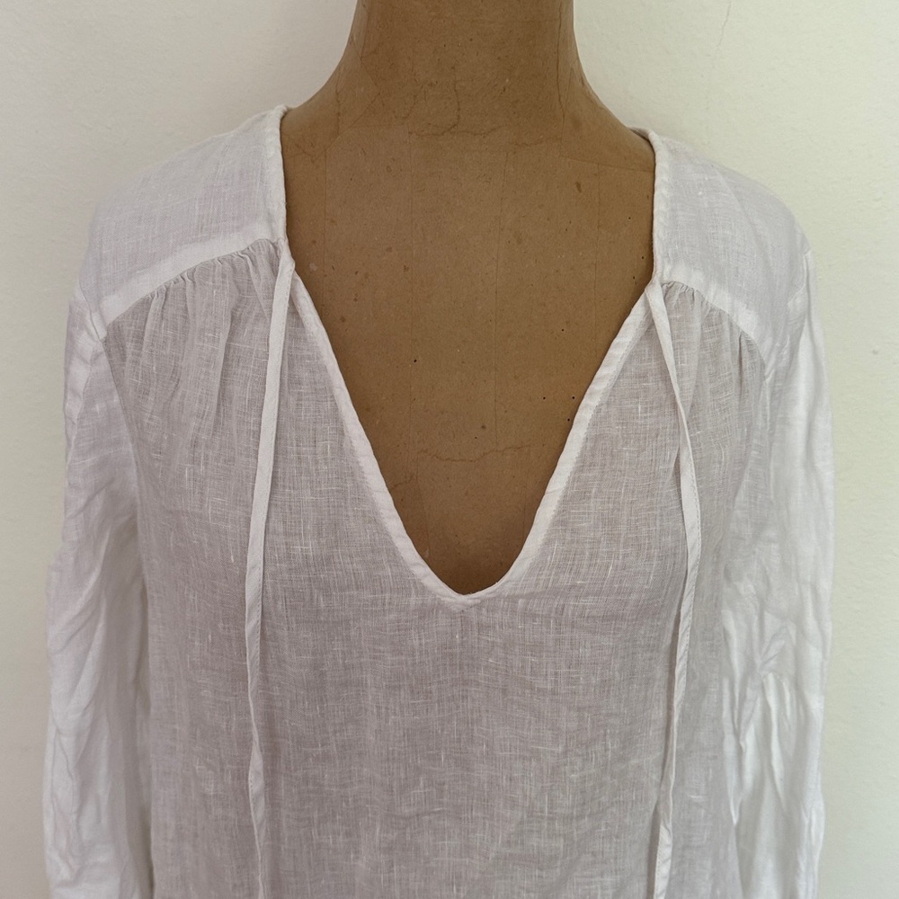 Anthropologie sz S 100% linen white  Maeve Blouse v neck ties pleats great cond - Picture 2 of 9